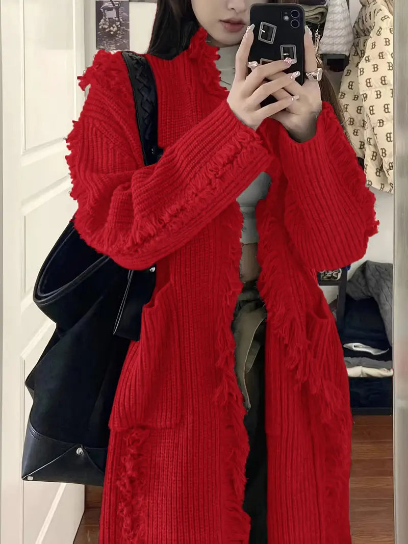 Ramziya - Elegant Lung Ciucure Cardigan Cu Buzunar