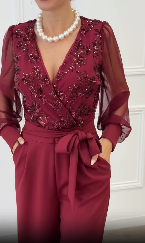 Meira - Salopetă cu Mâneci Lungi Din Plasă cu Ornamente