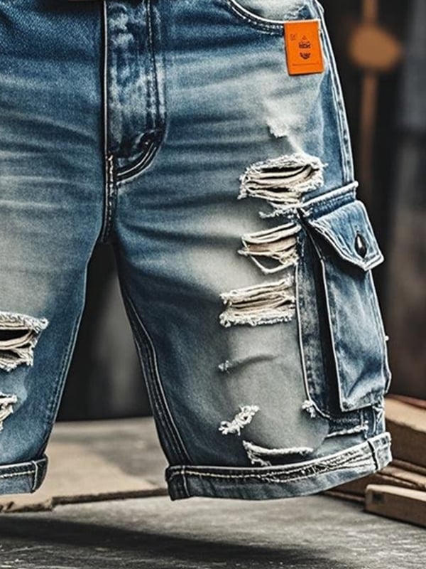 Pantaloni Scurți Din Denim Funcționali Vintage Pentru Bărbați Cu Aspect Rupt