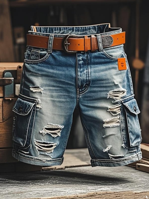 Pantaloni Scurți Din Denim Funcționali Vintage Pentru Bărbați Cu Aspect Rupt