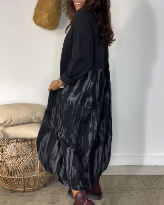 Dragica - Rochie Cu Guler Rotund și Imprimeu Patchwork Neregulat