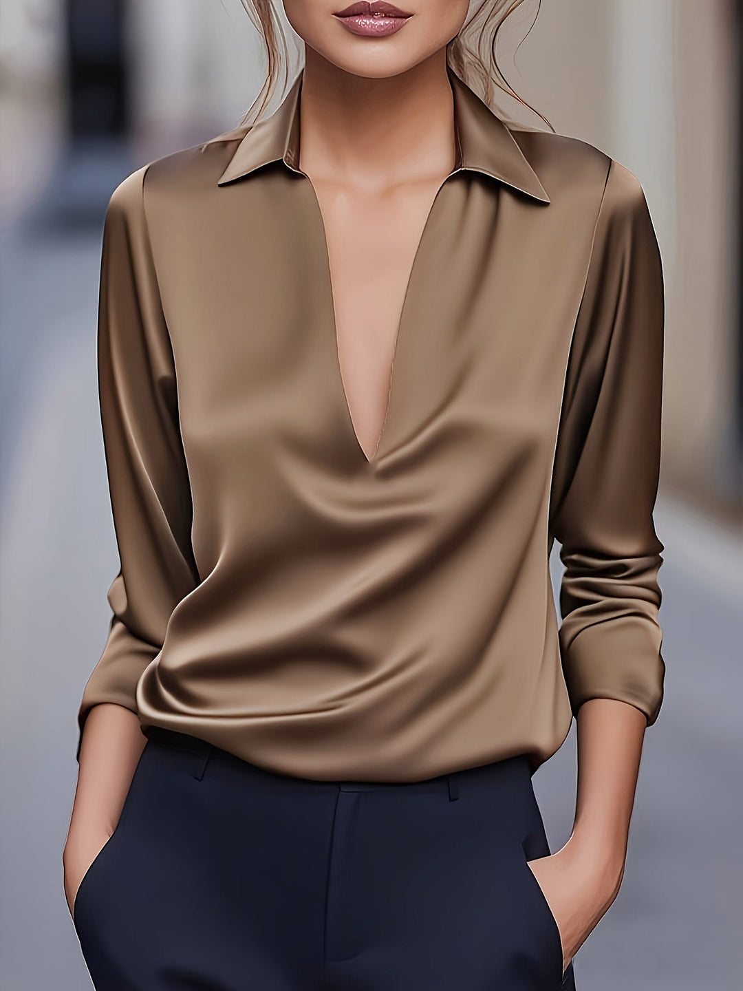 Kyrra – Bluză Elegantă Din Satin Cu Decolteu în V