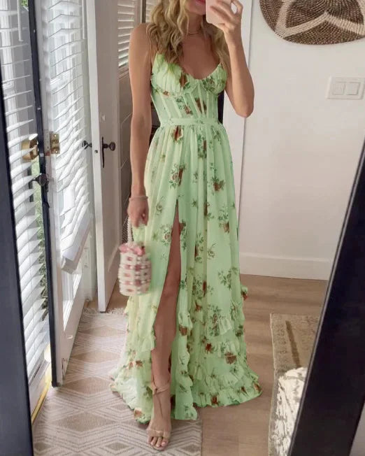 Vincena - Rochie Maxi cu Imprimeu Floral și Volane La Tiv