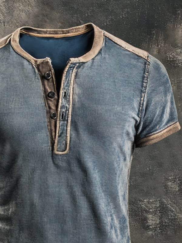 Tricou Casual Henley în Stil Retro Cu Blocuri De Culoare Pentru Bărbați