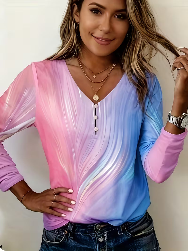 Filona – Bluză cu decolteu în V, vopsită în stil tie-dye, cu efect de degrade