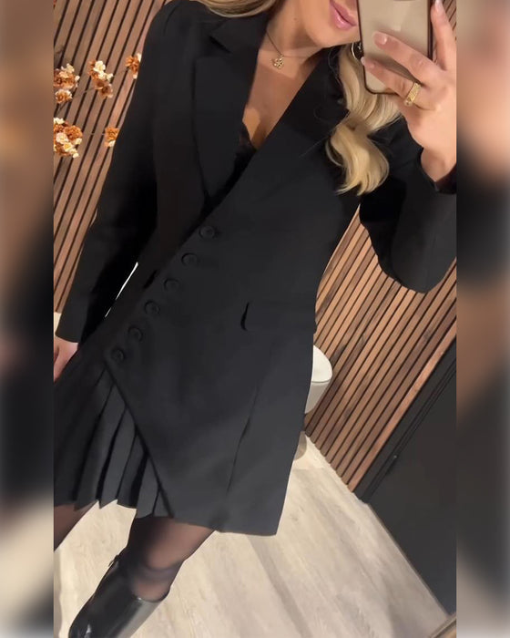 Luminita - Rochie Blazer Cu Mâneci Lungi și Pliuri, Cu Guler Cu Revere
