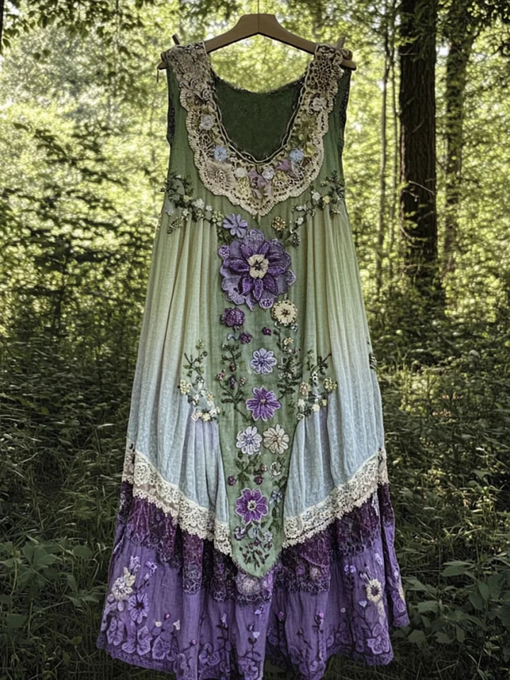 Evabella - Rochie Fără Mâneci Din In, Cu Imprimeu Patchwork