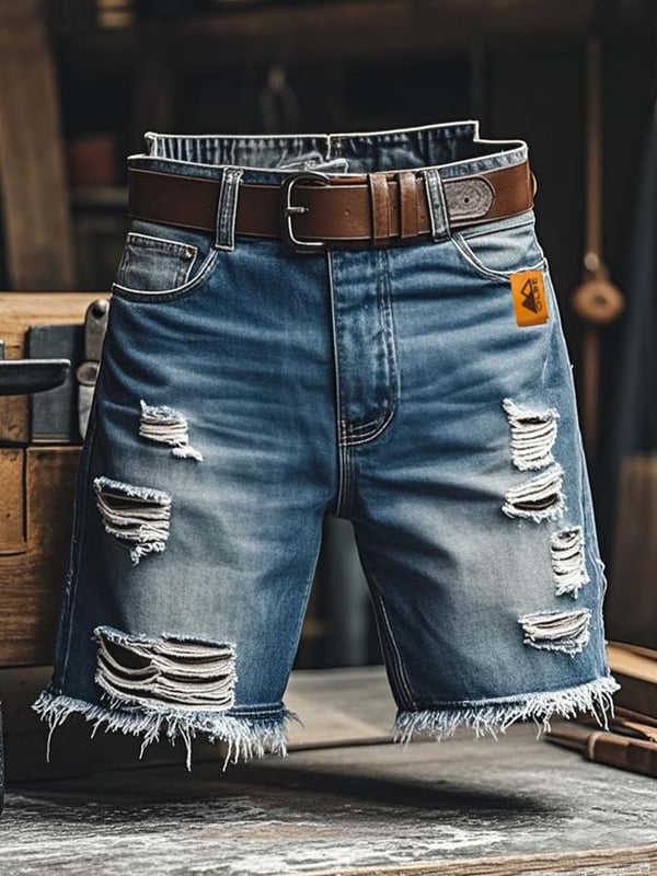 Pantaloni Scurți Din Denim Funcționali Vintage Pentru Bărbați Cu Aspect Rupt