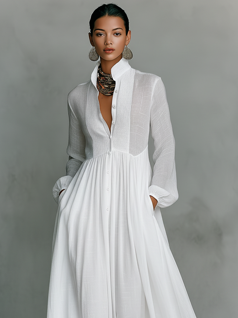 Naylia - Rochie Maxi cu Guler înalt și Mâneci Lungi