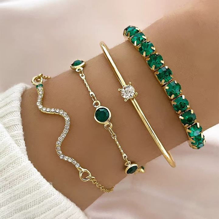 Miray - Set de 4 Brățări cu Cristal Smarald și Aur