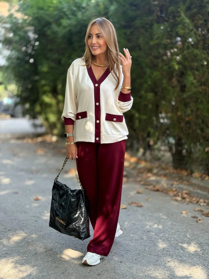 Phaedra - Cardigan Cu Nervuri Si Pantaloni Cu Croi Larg