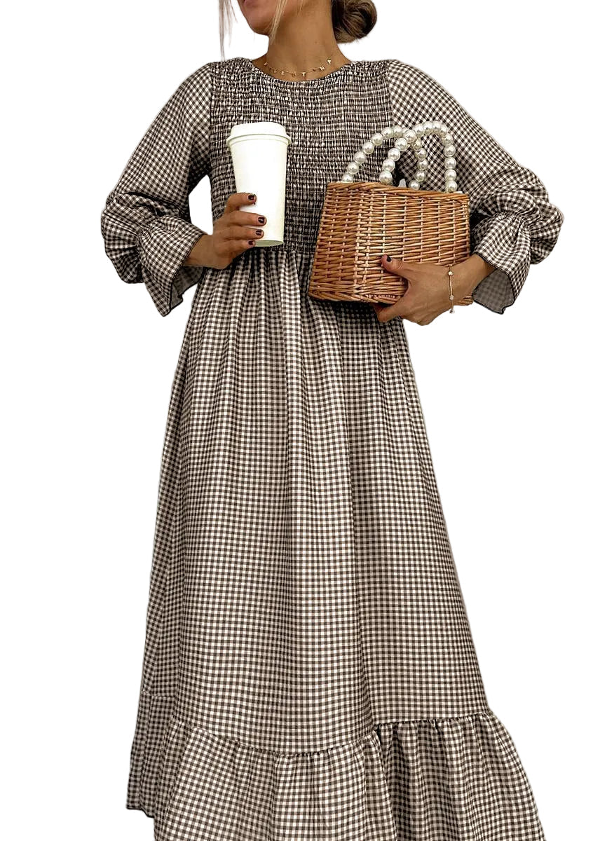 Helenee - Rochie Maxi În Carouri Cu Guler Rotund