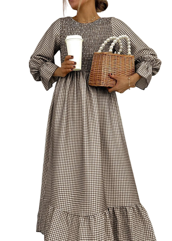 Helenee - Rochie Maxi În Carouri Cu Guler Rotund