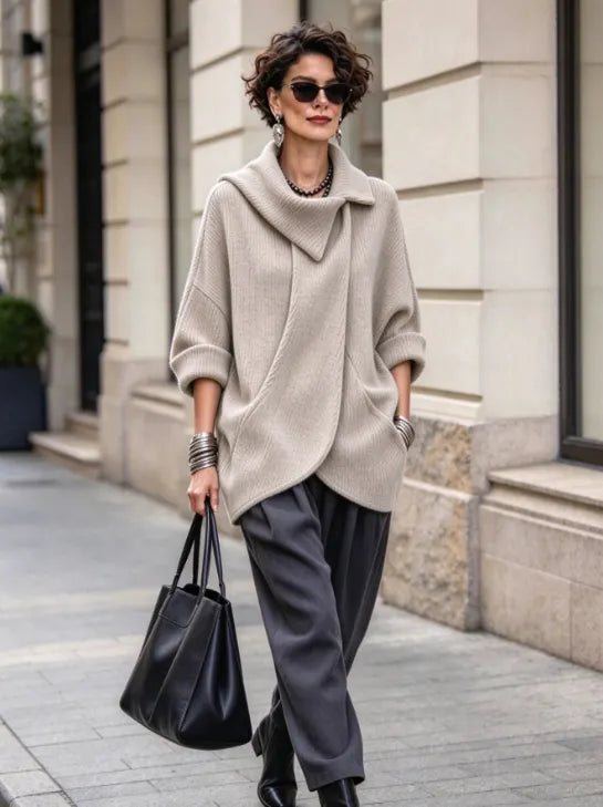 Lenneke - Jachetă Oversized cu Guler Asimetric și Buzunare