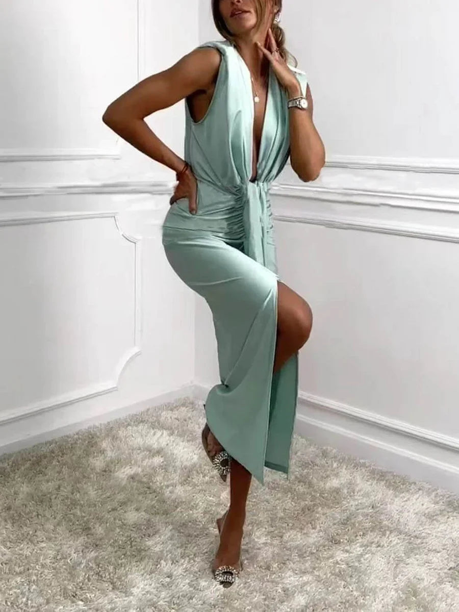 Jolira - Rochie Midi Clasică Cu Fanta Drapată Si Volane