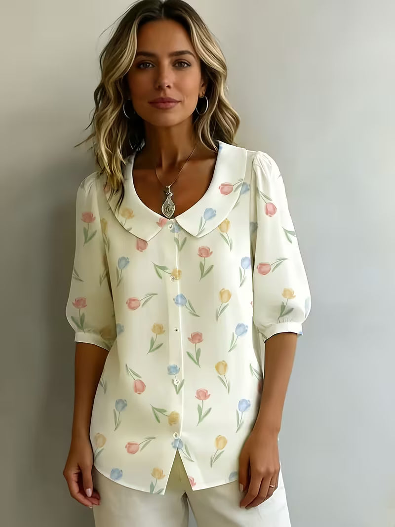 Alvique - Bluză Cu Mâneci Scurte Și Guler Cu Imprimeu Floral