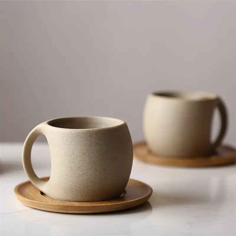 ClayHaven - Cană De Cafea Din Ceramică Cu Farfurie Din Lemn