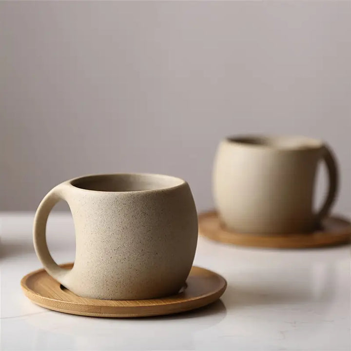 ClayHaven - Cană De Cafea Din Ceramică Cu Farfurie Din Lemn