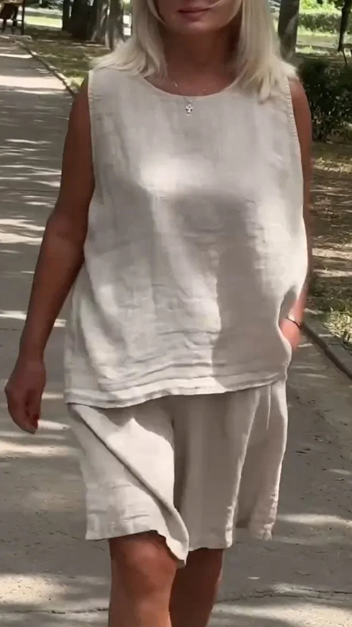 Jileana - Bluză Fără Mâneci Din Material Respirabil și Pantaloni Scurți Largi