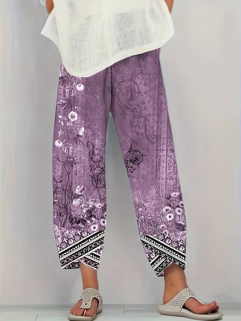 Thimasha - Pantaloni Capri cu Imprimeu Floral Vintage și Talie Elastică