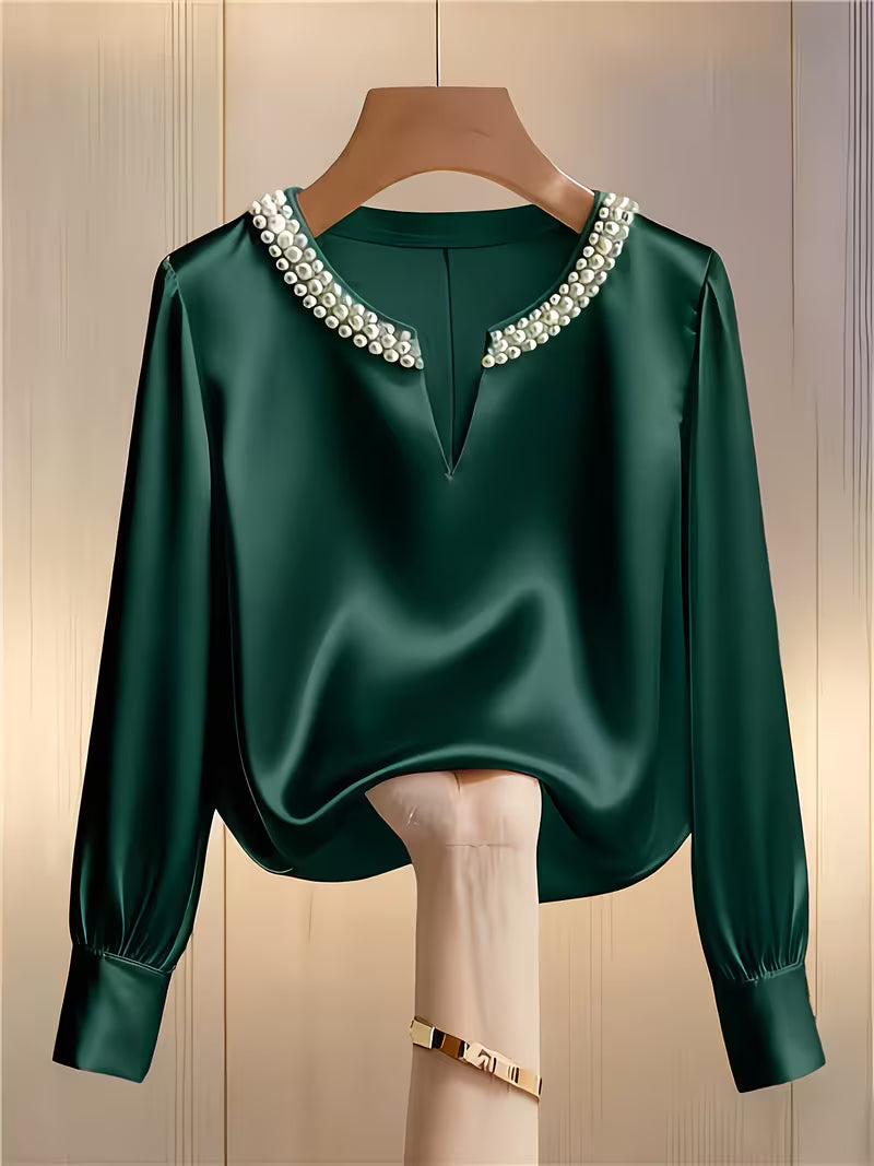 Avinaya - Cămașă Elegantă cu Mâneci Lungi și Guler Rotund cu Perle