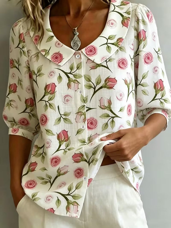 Alvique - Bluză Cu Mâneci Scurte Și Guler Cu Imprimeu Floral