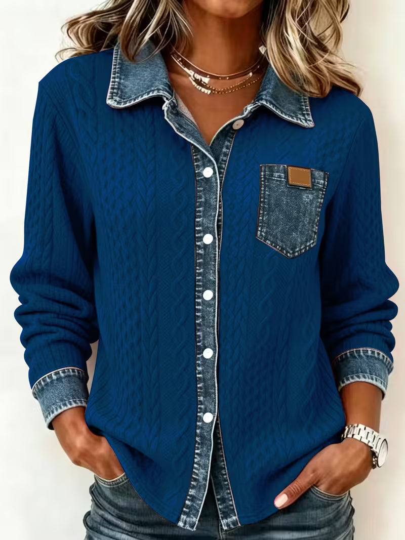 Eryna – Tricou cu Mâneci Lungi cu Model împletit în Formă de Cablu și Guler Din Denim