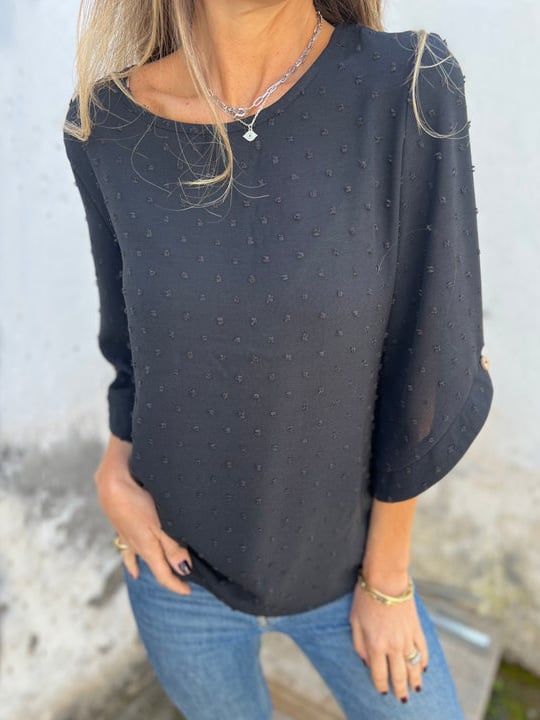 Lyutsiya - Cămașă Cazuală Cu Guler Rotund și Manșete Mari Brodate