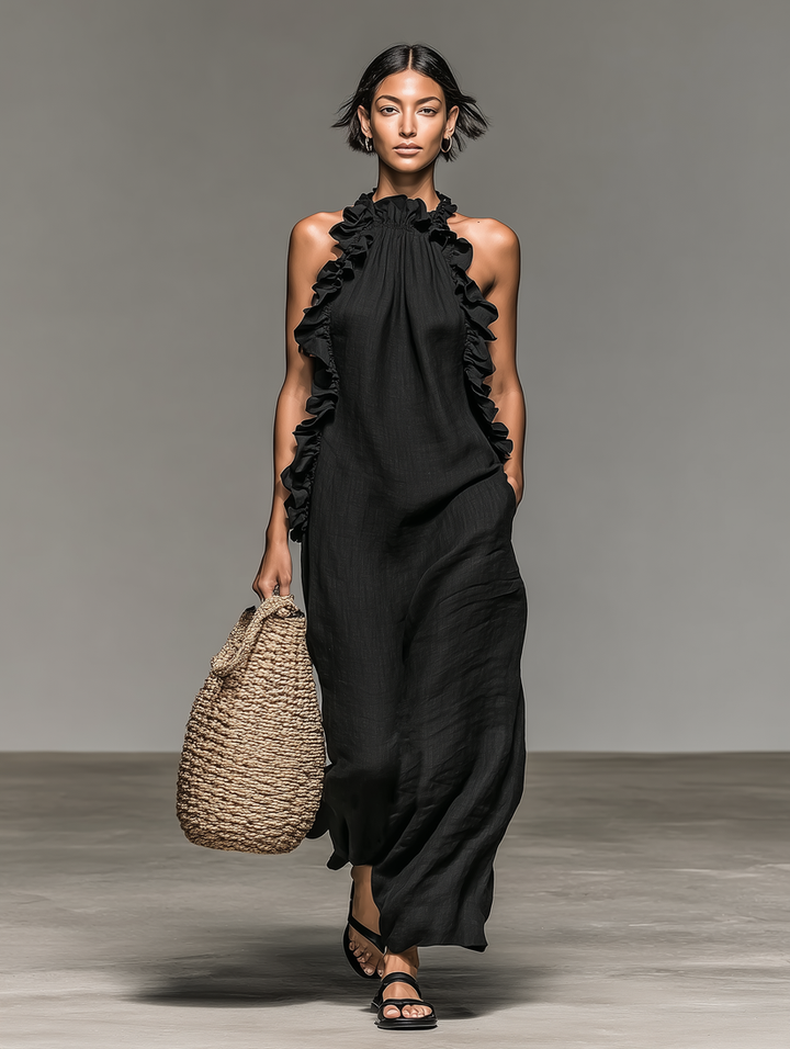 Fiora – Rochie Lungă Fără Mâneci, Cu Volane, Gât Halter Și Buzunare