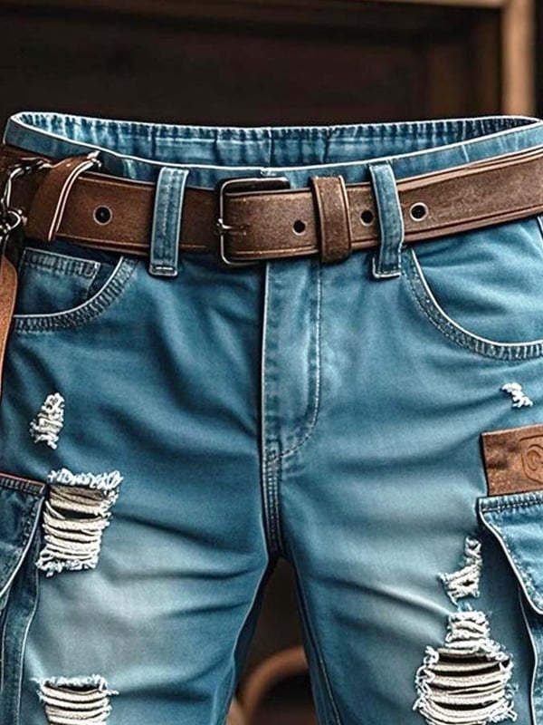 Pantaloni Scurți Din Denim Funcționali Vintage Pentru Bărbați Cu Aspect Rupt