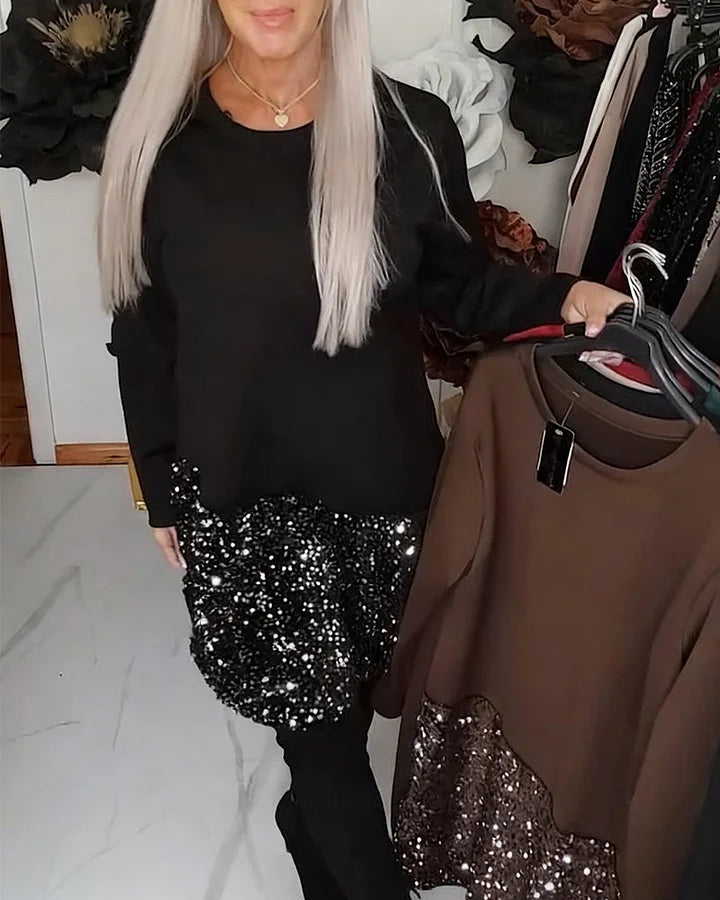 Ksenija - Rochie Cu Guler Rotund și Patchwork Cu Paiete