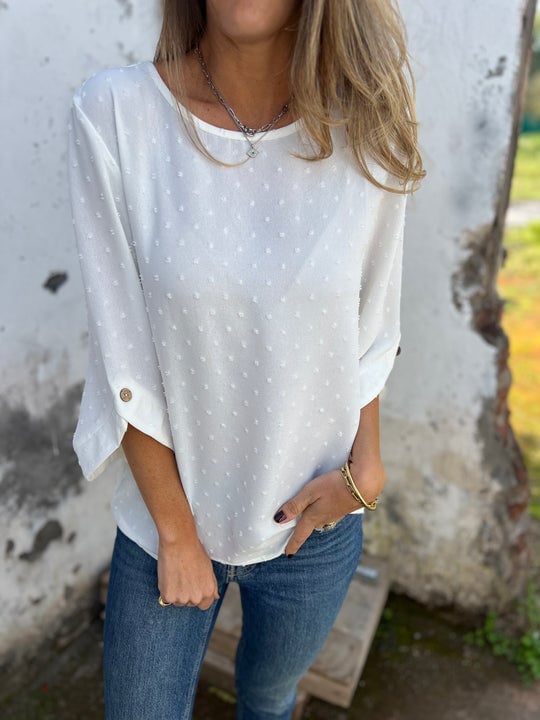 Lyutsiya - Cămașă Cazuală Cu Guler Rotund și Manșete Mari Brodate