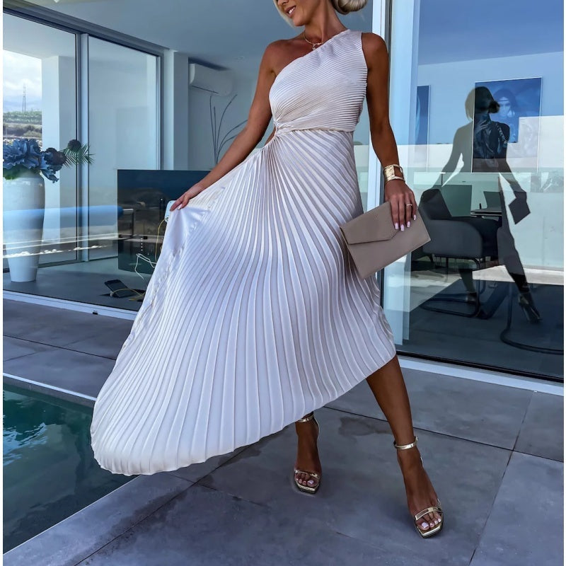 Breena - Rochie Maxi Elegantă Cu Un Umăr Plisată