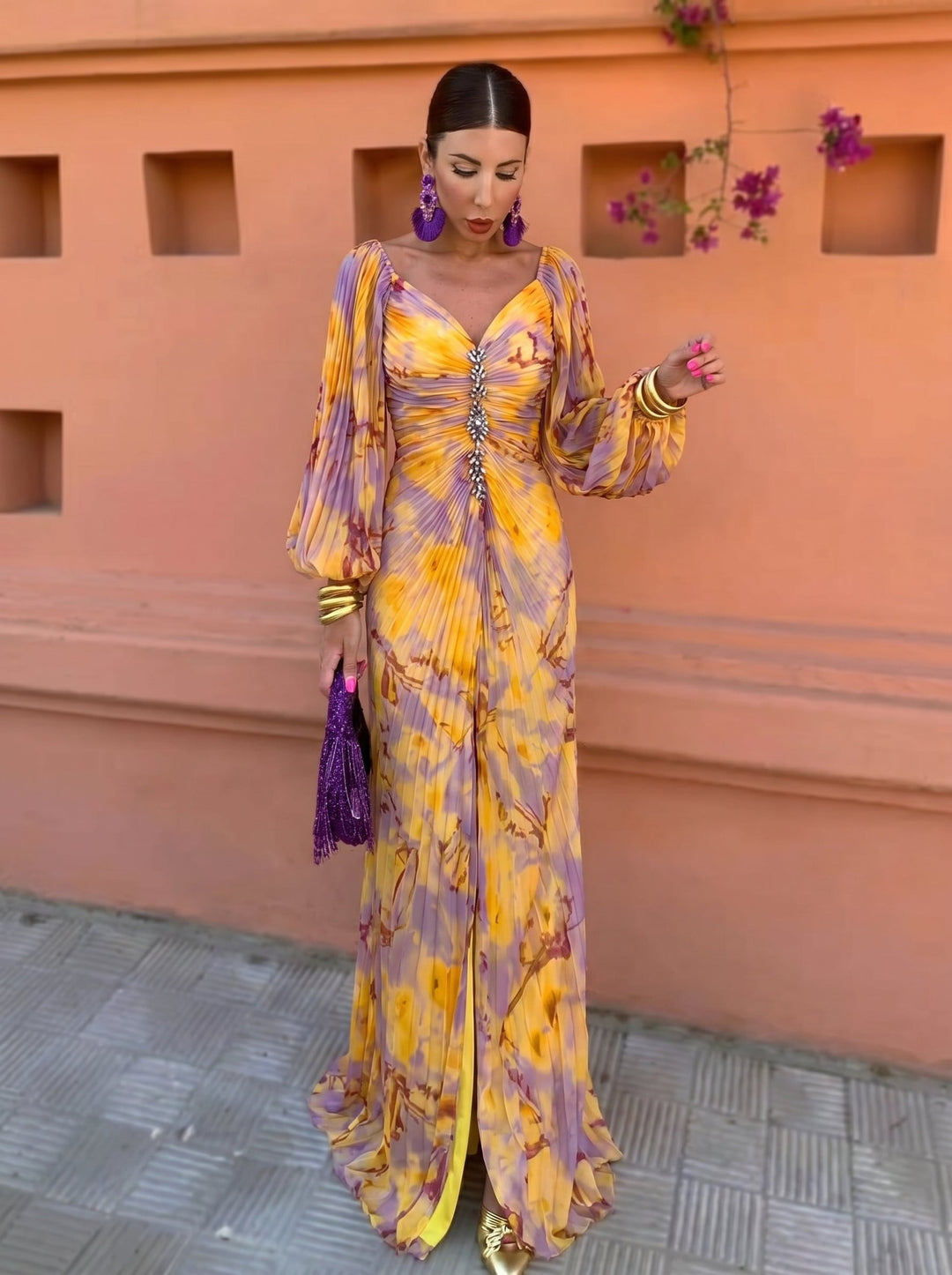 Calvillo - Rochie Maxi Cu Mâneci Lungi, Plisată Și Cu Imprimeu Floral