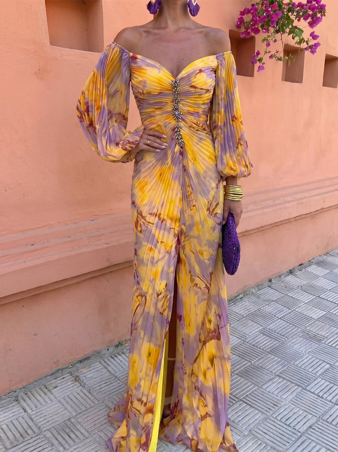 Calvillo - Rochie Maxi Cu Mâneci Lungi, Plisată Și Cu Imprimeu Floral