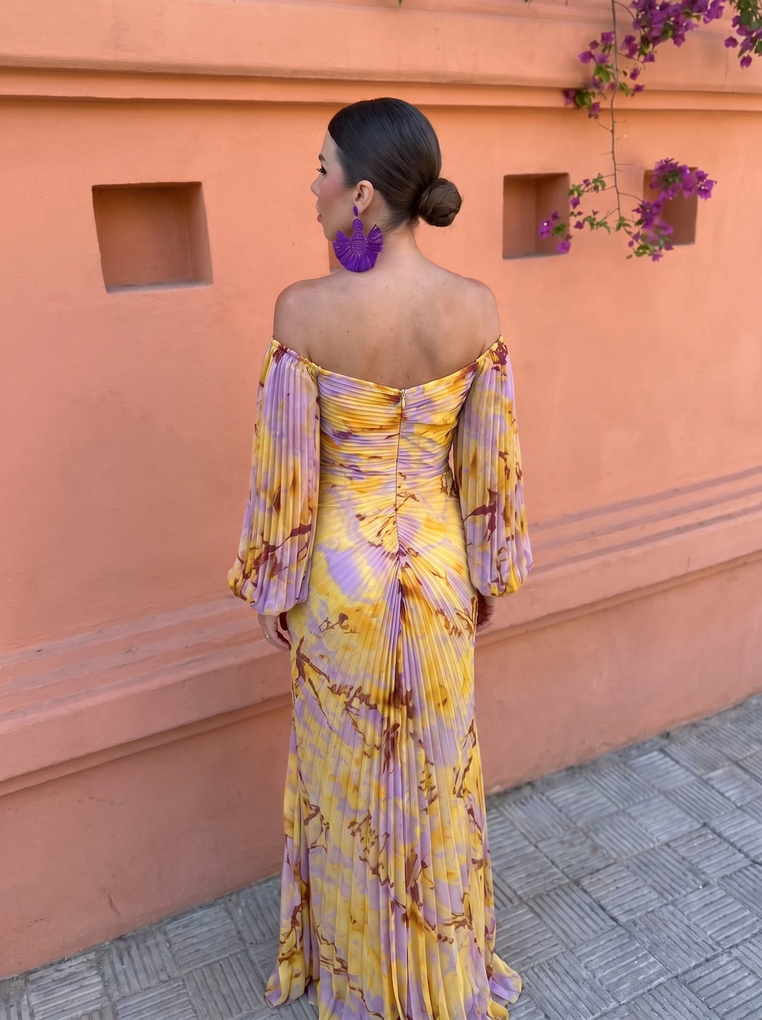 Calvillo - Rochie Maxi Cu Mâneci Lungi, Plisată Și Cu Imprimeu Floral