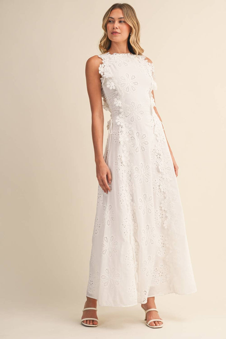 Azalia - Rochie maxi fără Mâneci, cu Broderie Florală