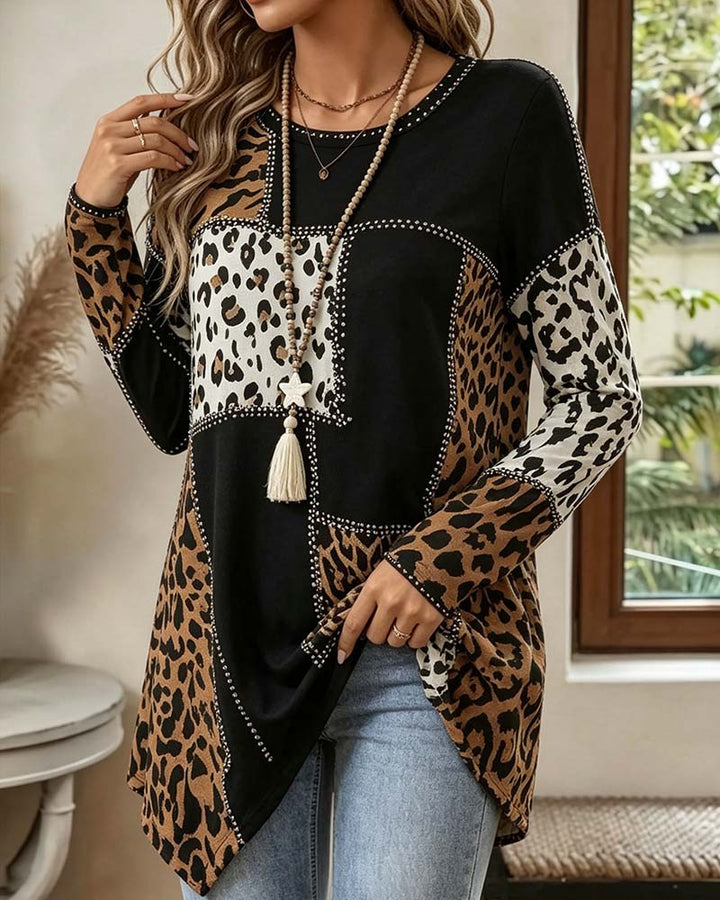 Niriza – Bluză Cu Imprimeu Leopard Asimetric, În Stil Patchwork