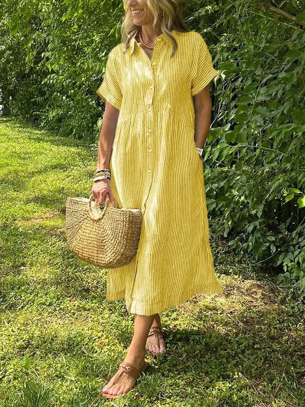 Alory – Rochie Midi Confortabilă Cu Dungi Si Nasturi