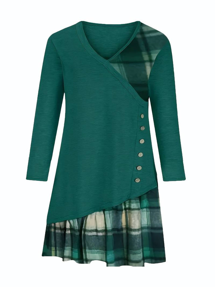 Alinor - Rochie Casual cu Mâneci Lungi în Carouri și Patchwork
