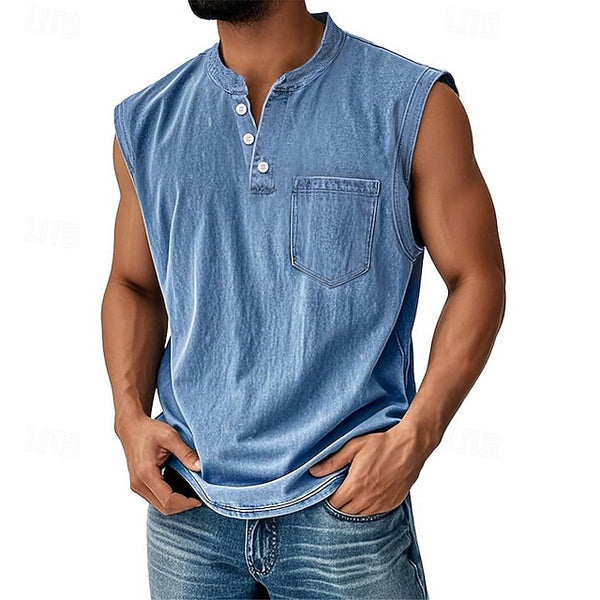Latrell – Tricou Fără Mâneci Tip Henley, cu Buzunar