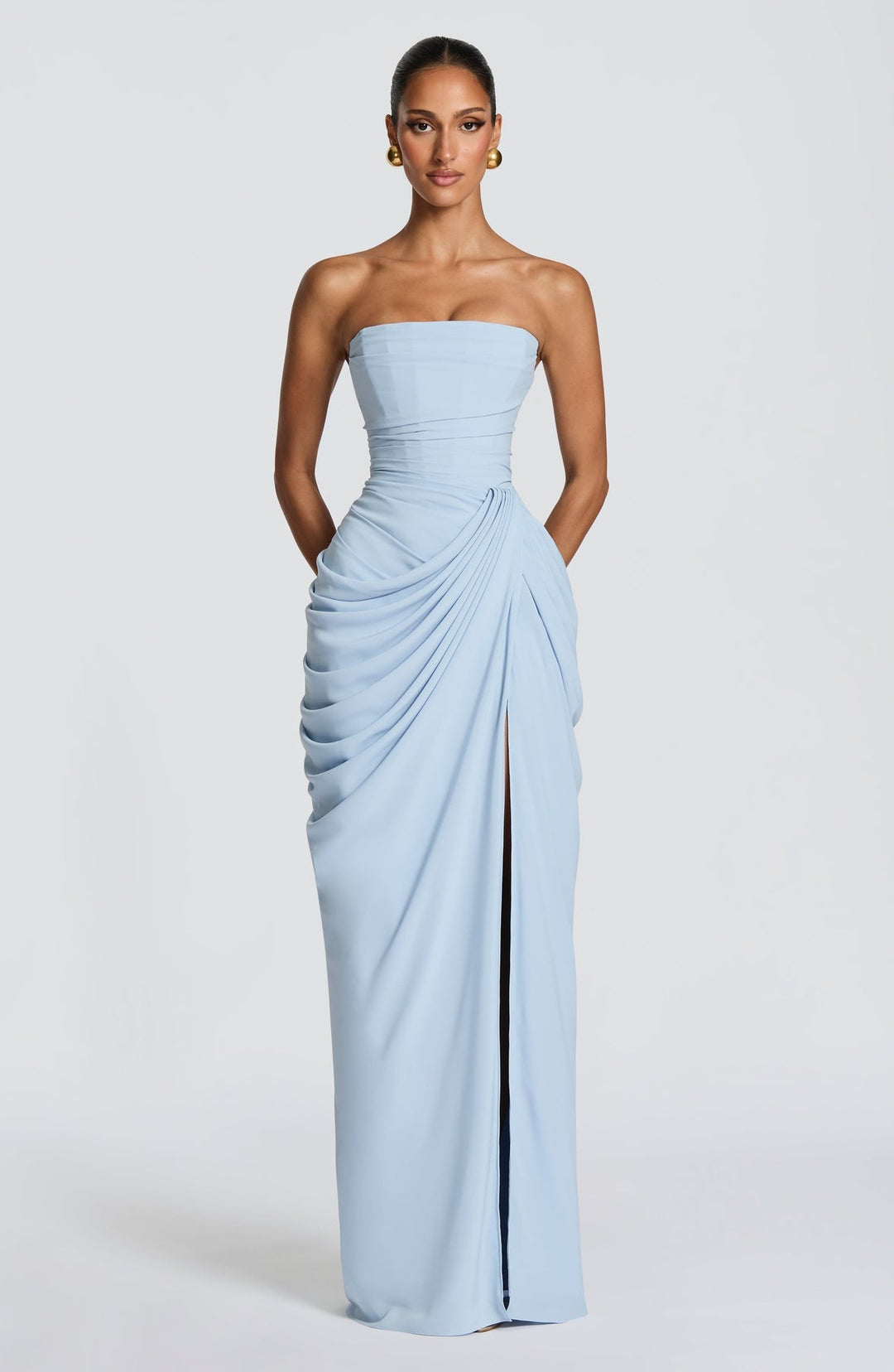 Sabrina - Rochie lungă fără Bretele, cu Decupaj Lateral și Croială Sculpturală