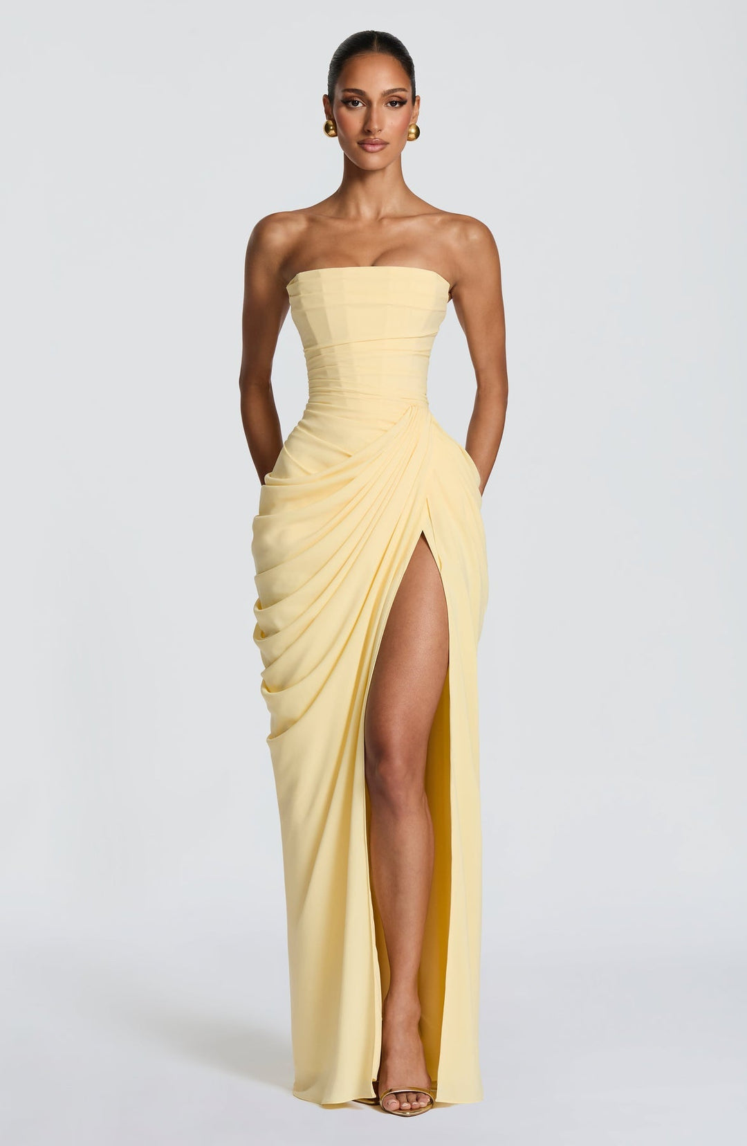 Sabrina - Rochie lungă fără Bretele, cu Decupaj Lateral și Croială Sculpturală