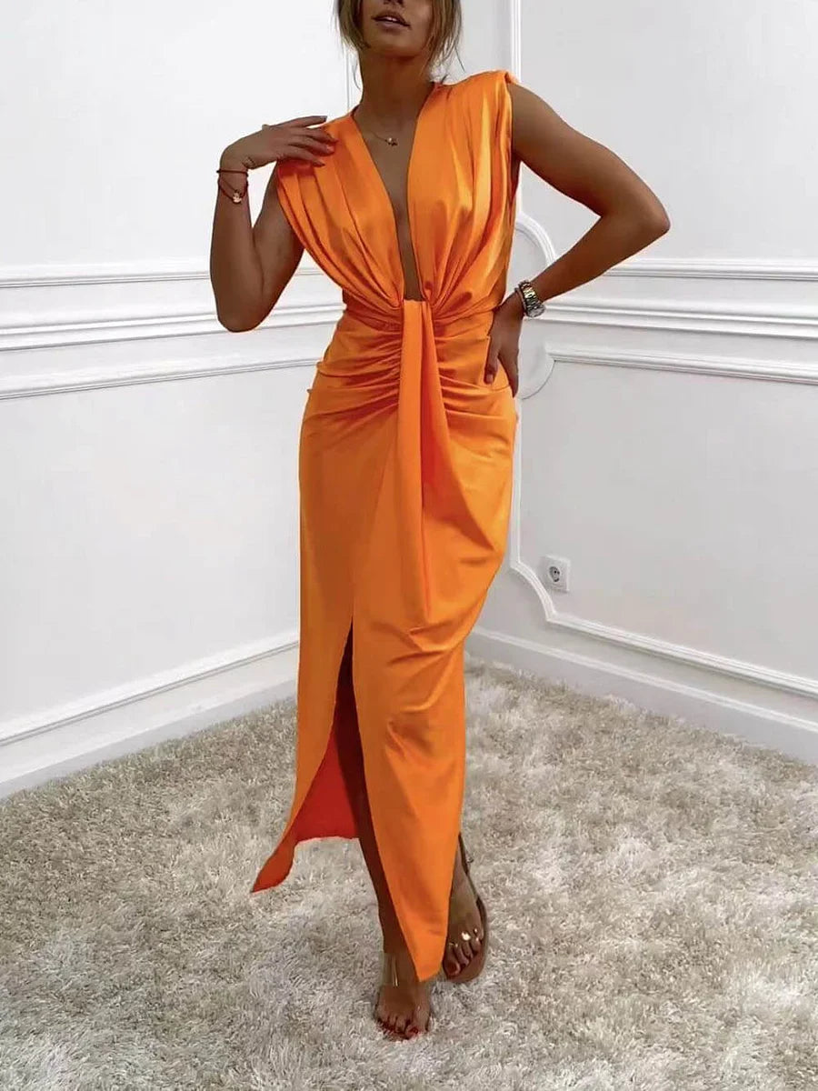 Jolira - Rochie Midi Clasică Cu Fanta Drapată Si Volane