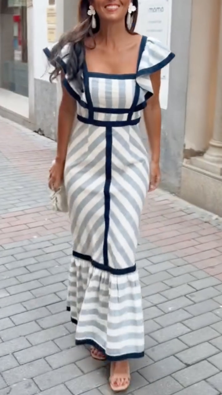 Lileeka - Rochie Lungă Cu Guler Pătrat și Dungi Asortate