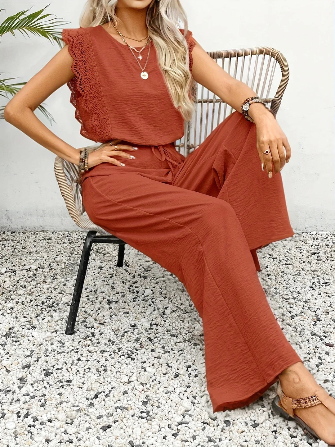 Ziva - Top Elegant Din Dantelă și Pantaloni Cu Croi Larg