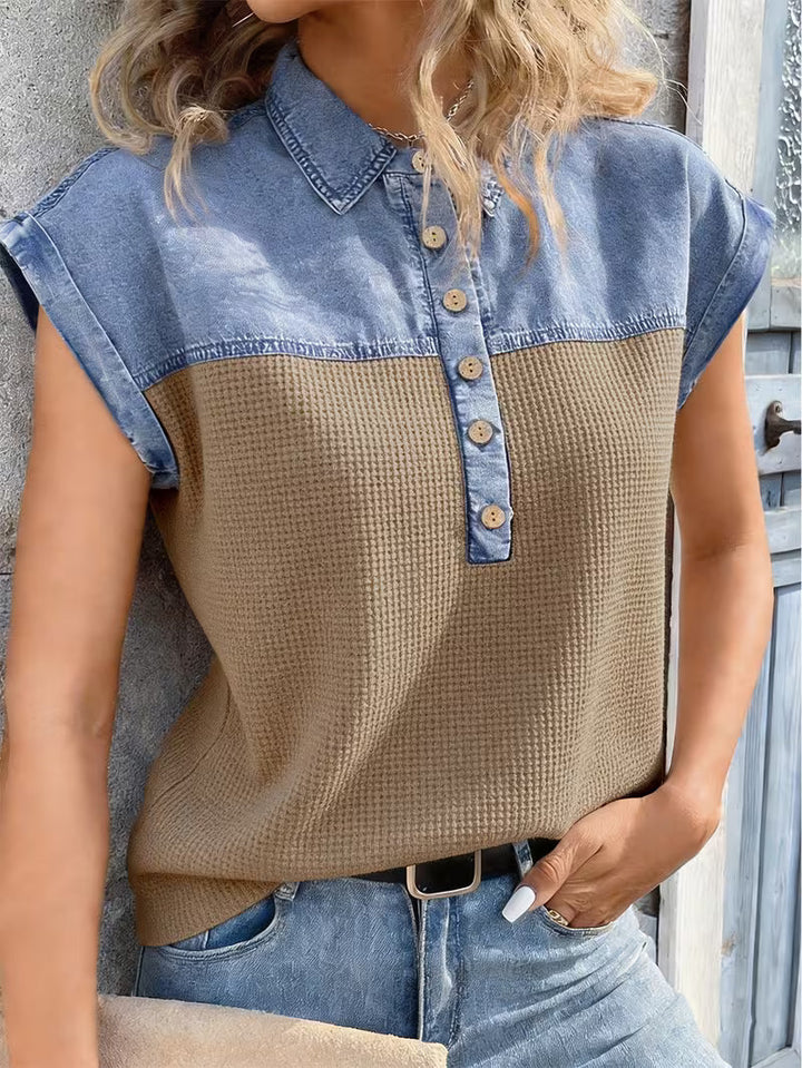 Haily - Bluză Casual Din Denim cu Guler Patchwork și Mâneci scurte