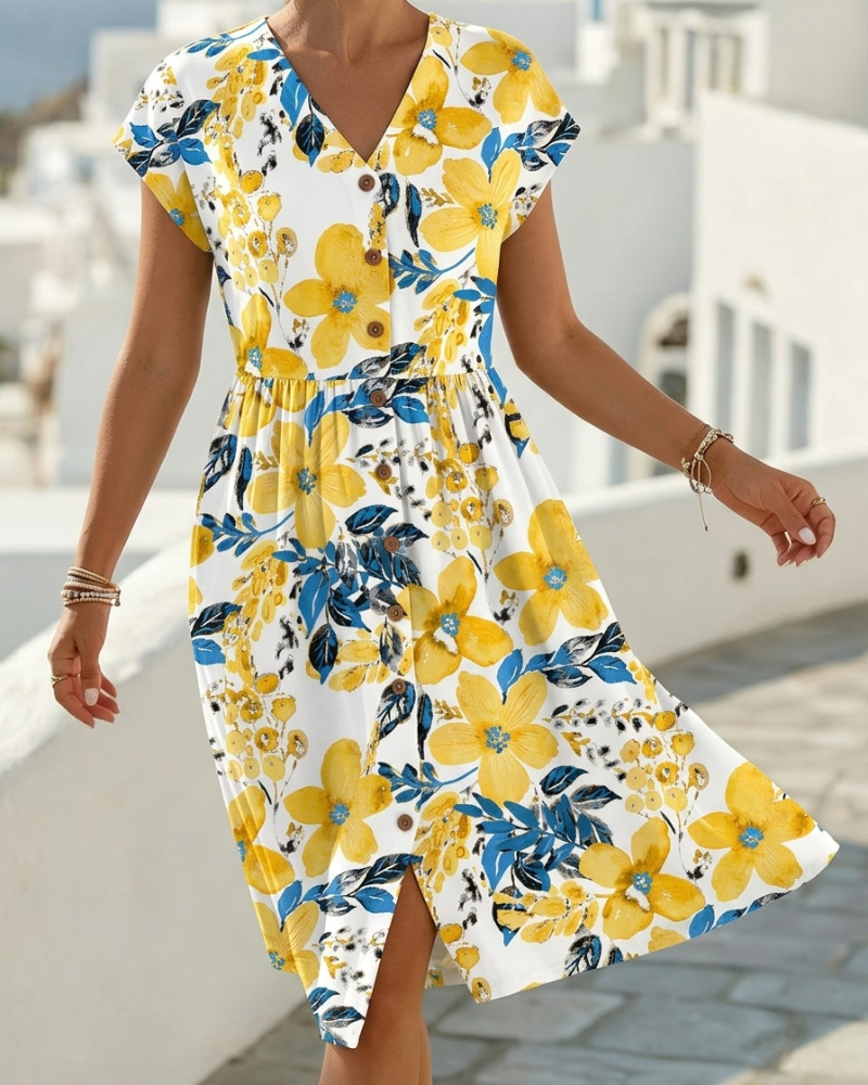 Sinera - Rochie Cu Imprimeu Floral și Mâneci Scurte