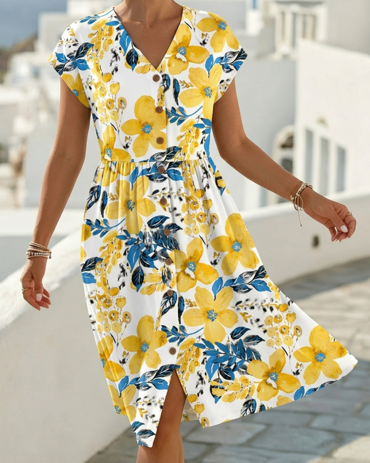 Sinera - Rochie Cu Imprimeu Floral și Mâneci Scurte