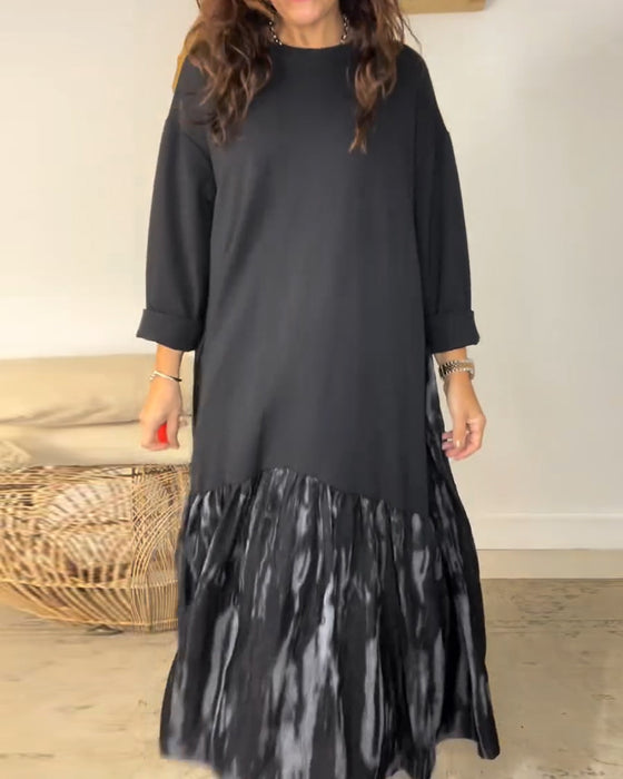 Dragica - Rochie Cu Guler Rotund și Imprimeu Patchwork Neregulat